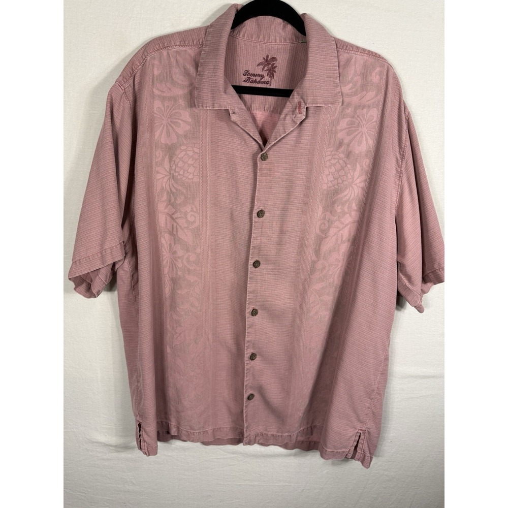 Tommy Bahama 100% Silk Hawaiian‎ Camp Shirt Mens XL Pink Floral Jacquard Resort